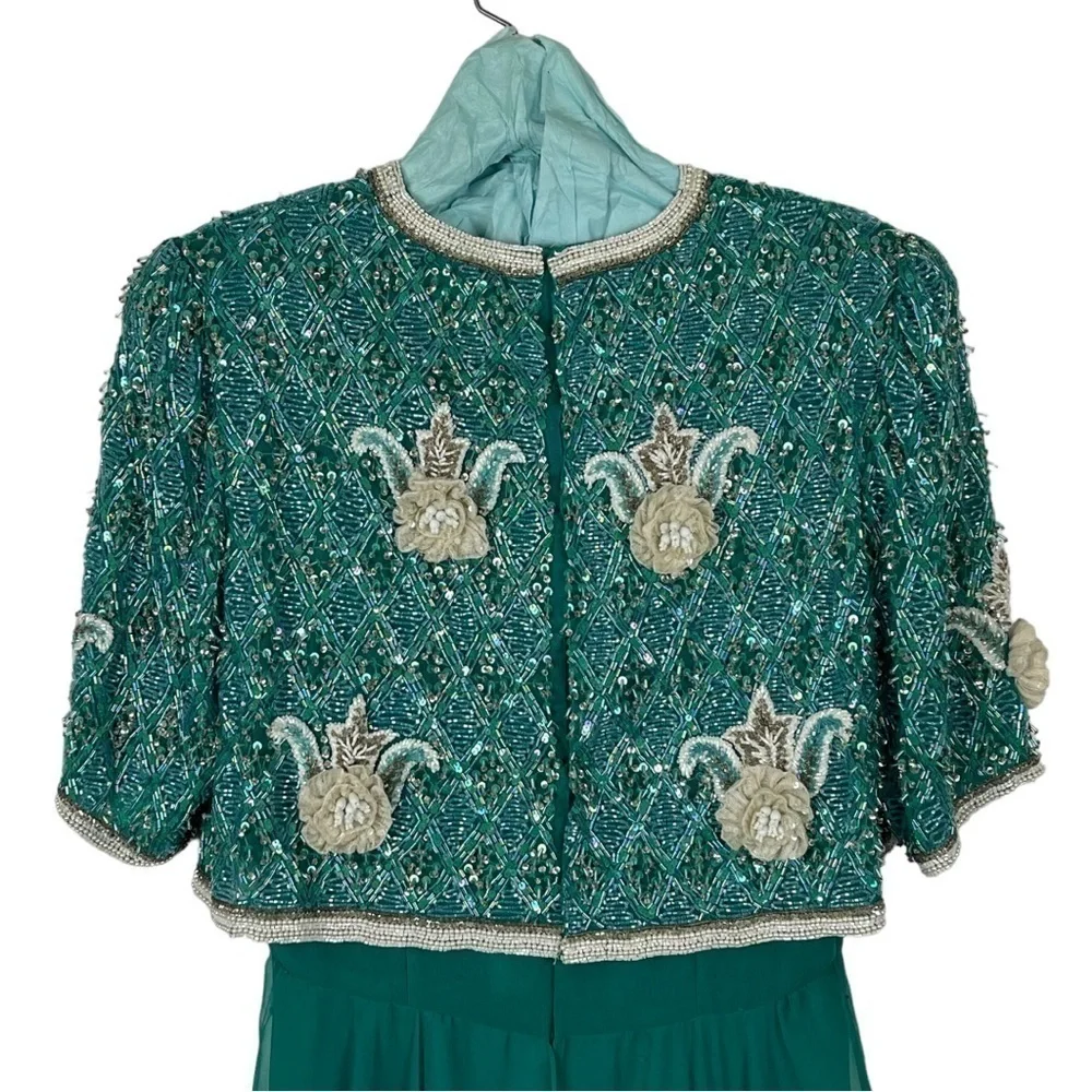 VINTAGE RICHILENE 70S SILK CHIFFON BEAD EMBELLISHED AQUA FORMAL EVENING GOWN - Picture 8 of 16